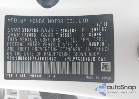 2018 Honda Civic Ex-L from USA, damaged, VIN JHMFC1F79JX013672